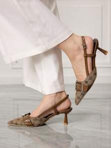 Sleekvia Women's Pointed Toe Buckle Design Everyday Versatile Fashion High Heels For Christmas - Khaki - View 5