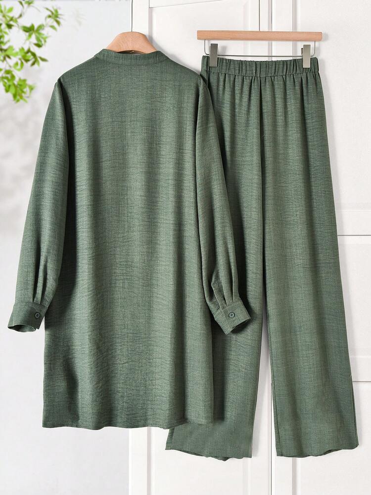 Plus Size Embroidered Notch Collar Long Sleeve Top And Elastic Waist Pants Casual 2 Pieces Set\Summer\Vacation  Summer Outfits Summer Clothes  Spring  Spring Outfit Women Spring Clothes Country Style For Women