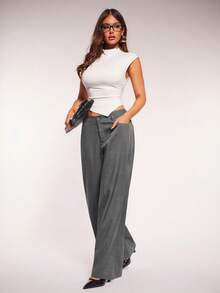 Radiana Women's Minimalist Fashion Dark Grey Low Waist Loose Wide Leg Suit Pants, Commuter Pants, Low Waist Trousers, Low Waist Suit Pants, Grey Suit Pants, Grey Wide Leg Pants, Grey Trousers, Woven Fabric Casual Pants - Dark Grey - View 5