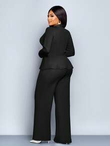 SOLERSUN 大码女装秋冬优雅纯红色V领长袖T恤和阔腿裤两件套，不对称下摆，休闲日常通勤套装，可裹身、打结或系带，针织面料，适合购物和其他场合，百搭奢华的时尚单品，完美适用于约会、节日活动和所有季节。 - 黑色 - 查看 2