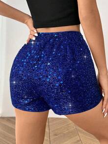 SHEIN EZwear 女士音乐节亮片针织短裤，宝石蓝 - 寶藍色 - 查看 2