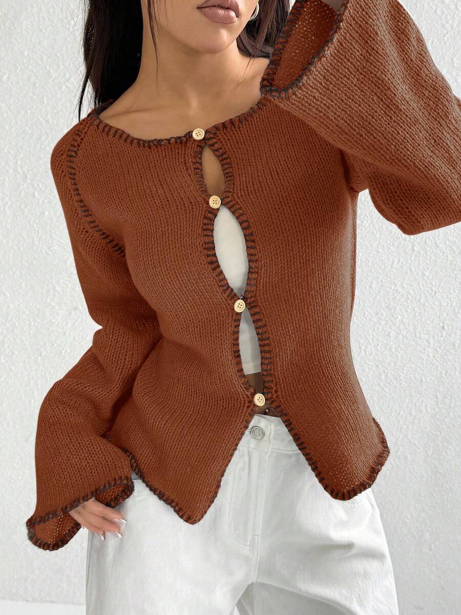 Jeanoix Women's Casual Raglan Sleeve Single-Breasted Knitted Cardigan, Autumn/Winter - Brown - View 1