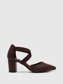 CUCCOO BIZCHIC Women's Fashion Coffee Color Elastic Combination Ankle Strap Pointed Toe Chunky High Heel Pumps, Suitable For Commuting, Dating, Party, Wedding, Holiday, Hollow Out For Christmas - Coffee Brown - View 4