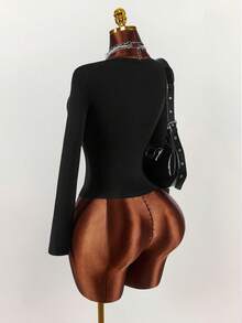 Amplova Áo tay dài cổ tim với chi tiết ren ở cúp ngực và lớp lót, gợi cảm và thoải mái, thích hợp cho mùa xuân, thu/đông, áo khoác ngoài cho nữ, áo corset gợi cảm, áo đen gợi cảm. - màu đen - Xem 2