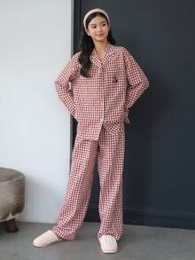 DAZY 青少年/少女（女童）休闲格子家居服套装，宽松舒适卡通图案直筒裤，秋季款 - 紅白色 - 查看 3