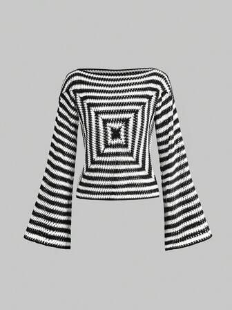 Grunge Punk Hippie Spiral Muster locker geschnittener Flatterärmel Crop transparenter Pullover