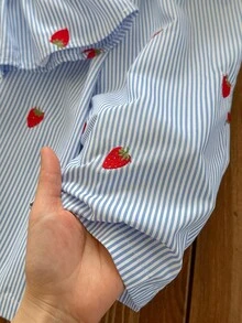 Babygirl Cute Casual Strawberry Striped Bow Decor Camisole & Pants Set - Blue - View 3