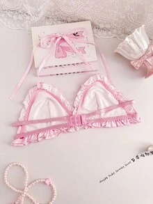 PetitDoll ملابس داخلية للنساء بطبعة خوخية، بحمالات رفيعة وياقة مكشكشة - وردي - مشاهدة 2