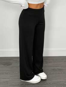 SHEIN PETITE 2pcs Women Casual High Waist Fold-Over Wide Leg Straight Pants, Suitable For Summer - Black - View 5