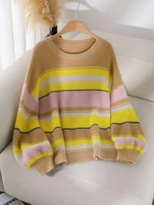 CosyJoli Suéter informal de cuello redondo con parches de rayas multicolor en tallas grandes, suéter a rayas rosa y amarillo, suéter a rayas para mujer, jersey a rayas para mujer, suéter de bloques de color para mujer, suéter de bloques de color, suéter a rayas esponjoso para mujer - Multicolor - Ver 6
