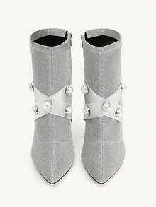 CUCCOO CHICEST Women's Fashionable & Elegant Pearl Embellished High Heel Ankle Boots For Christmas - Silver - View 9