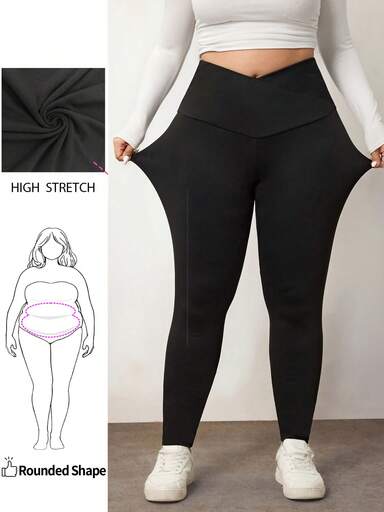 Enliva Mujeres talla grande Leggings negros casuales minimalistas versátiles para ir al trabajo, de cintura alta elástica y unicolor, compatibles con la forma redondeada del Body, apropiados para el otoño/2026/Año Nuevo