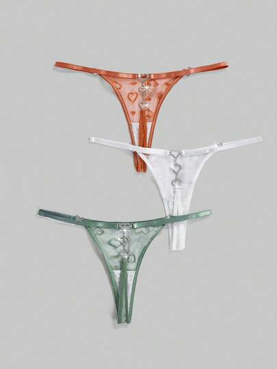 Kawaii 3 Stücke sexy Spitzen-Herz-Metall-String-Höschen