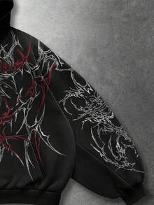 ROMWE MEN Goth Sudadera con capucha casual de manga larga con bolsillo y estampado de calavera para hombre, estilo Y2K - Negro - Ver 3