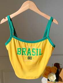 Comfortcana Brazil Flag Print Sleeveless Tank Top With Sports Team Design - Yellow - View 3