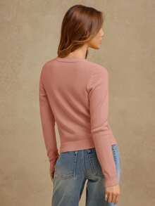 WESTFADE Áo len cardigan tay dài cổ tròn cài nút phía trước - Màu Hồng Tươi - Xem 3