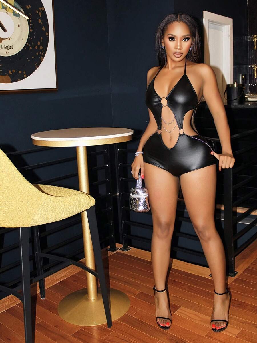 BamGleam Body de mujer de unicolor con cuello halter, espalda descubierta y cadena con círculos enlazados, sexy