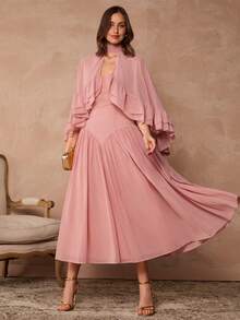 Enchnt Damen Einfarbiges minimalistisches Kleid mit Rüschensaum - Altrosa - Übersicht 4