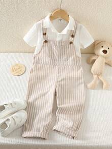 SHEIN 1pc Young Boy Casual Comfortable Stylish Simple Practical Versatile Soft Khaki Striped Fabric Bib Overall Pants, Suitable For Spring/Summer
