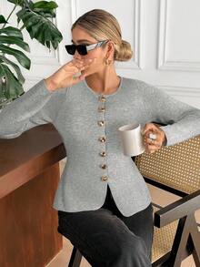 SHEIN Frenchy Women's Solid Color Crew Neck Cardigan, Long Sleeve, Autumn/Winter Casual - Grey - View 6