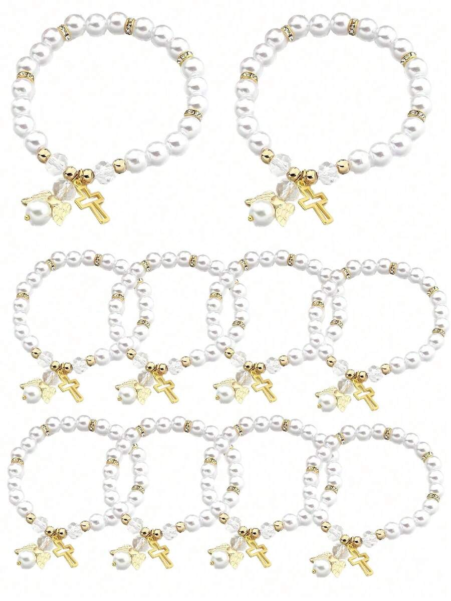 12 Hollow Cross Bead Elastic Bracelets, Suitable For First Communion, Wedding Ceremonies, Birthday Gifts, Baptism Gifts, Souvenirs - Multicolor - View 1