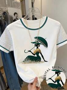 Resyla Women's Casual Striped Patchwork Figure Print T-Shirt, Summer - White - View 1