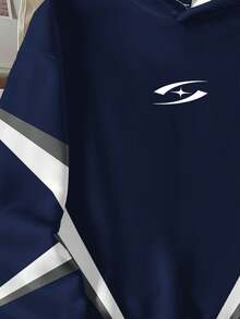 Manfinity Joysei 男士几何印花长袖保暖连帽休闲衫 - 藏蓝色 - 查看 3