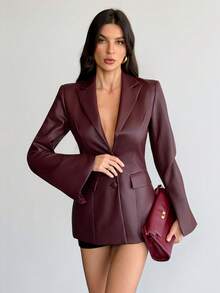 SHEIN Tall 女士复古酒红色腰部皮革PU西装外套，秋冬季女士办公室性感女郎万圣节服装感恩节服装圣诞节服装 - 酒紅色 - 查看 4