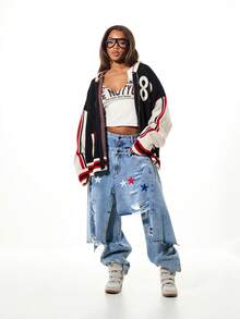 SUMWON WOMEN Áo khoác cardigan trùm đầu họa tiết sao Intarsia cỡ lớn với tay áo tương phản và thiết kế khối màu cho mùa thu đông - Nhiều màu - Xem 3