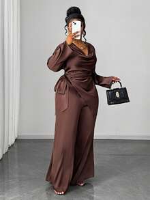 Maweii Bộ 2 món áo sơ mi và quần dài màu trơn thanh lịch cỡ lớn đi làm - màu nâu - Xem 3