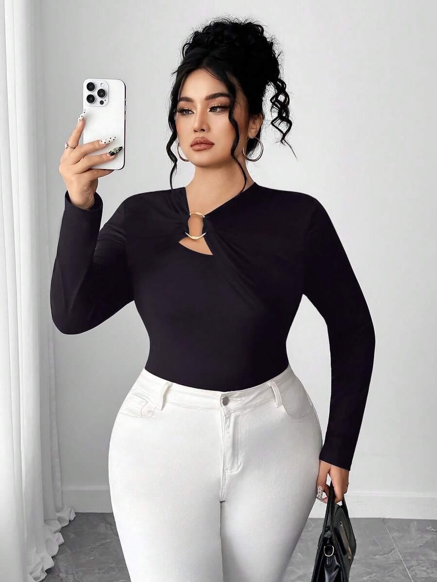 Elenzga 大码女式纯色休闲长袖T恤，适合日常通勤、秋冬季穿着 - 深灰色 - 查看 1