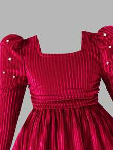 Young Girl Ruched Square Neck Waist Puff Sleeve Beaded Christmas Dress, Elegant And Fashionable For Parties, Birthdays Or Everyday Wear - Red - View 4