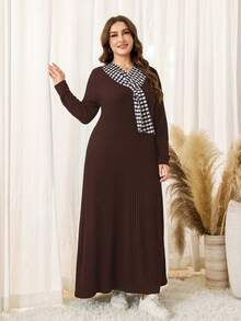 Lacomfia Women's Brushed Plaid V-Neck Long Sleeve Comfortable Casual Dress, Suitable For Home, Leisure And Outings, Simple And Elegant - Brown - View 4