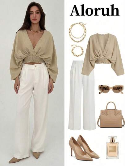 Aloruh Blusa suelta de unicolor con cuello en V profundo y versátil para mujer