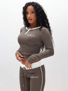 BABYPHAT Ribbed Henley Long Sleeve Top With Contrast White Trim And Button Placket For Casual Everyday Wear - Mocha Brown - View 5