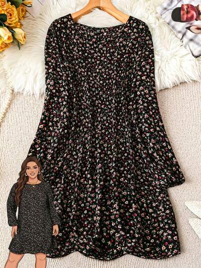 SHEIN LUNE Plus Size Floral Allover Print Short Crew Neck Long Sleeve Dress Winter Clothes