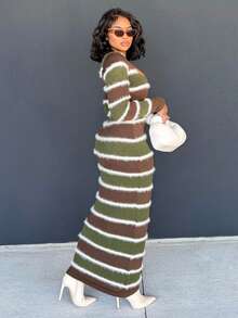 Alexandranx Nuevo vestido midi ajustado con tirantes de estilo vintage a rayas en contraste de color verde y café, versátil desde principios de otoño hasta el profundo invierno - Café integral - Ver 5