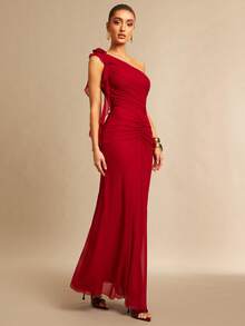 Silquee 1 pièce Robe longue ajustée pour femme avec col asymétrique et volants, couleur unie - Rouge - Voir 5