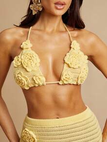 Silquee Áo tắm bikini cổ yếm đan móc chắp vá dành cho nữ - Màu vàng - Xem 1