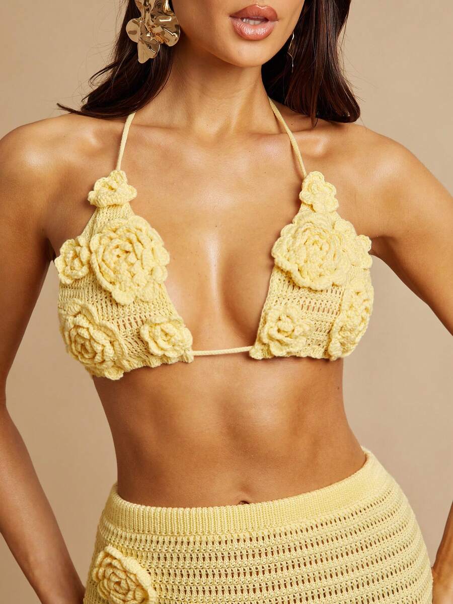 Silquee Áo tắm bikini cổ yếm đan móc chắp vá dành cho nữ - Màu vàng - Xem 1