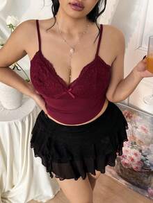 CovetEZ 大码女式休闲纯色蕾丝吊带背心 - 酒紅色 - 查看 8