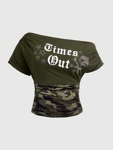 ROMWE Street Life Plus Size Y2K Harajuku Punk Skull Rhinestone Camo Patchwork T-Shirt - Army Green - View 1