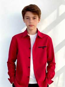 青少年男士绅士风单件红色领休闲短袖衬衫，绅士衬衫，商务优雅校园风，生日派对日常休闲外套，优雅简约，情人节青少年男士长袖衬衫 - 紅色 - 查看 1