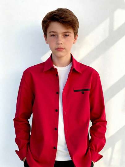 青少年男士绅士风单件红色领休闲短袖衬衫，绅士衬衫，商务优雅校园风，生日派对日常休闲外套，优雅简约，情人节青少年男士长袖衬衫