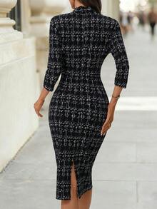 Editum Đầm midi bodycon cổ chữ V in họa tiết giả thắt eo thanh lịch mới dành cho nữ, phù hợp để đi làm, đi chơi và nhiều dịp khác nhau - Đen và trắng - Xem 4