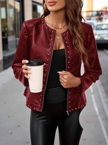 SHEIN Clasi Elegant Women's PU Round Neck Long Sleeve Studded Jacket In Fall/Winter - Red - View 8