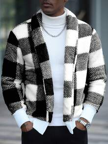 Manfinity CasualCool Plaid Casual Warm Long Sleeve Men's Jacket, Autumn/Winter Mens Knitted Cardigans Men Sweater Jacket Black And White Jacket Men Cardigan Plaid Jacket Men - Multicolor - View 3