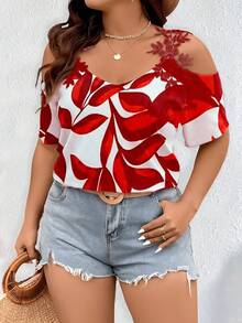 EMERY ROSE Plus Size Summer Casual Vacation Floral Off-Shoulder Blouse,Print Red Top,Casual Blouses For Women - Red and White - View 4