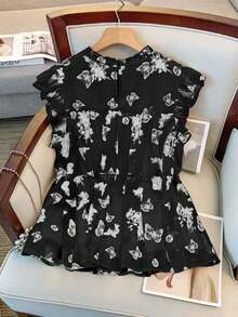 GlowEve CURVE Plus Size Women's Summer New Chinese Style Butterfly, Landscape & Floral Print Double-Layer Flutter Sleeve Design Round Neck Ruffle Hem Loose Comfortable Sweet Chiffon Blouse - Black - View 2