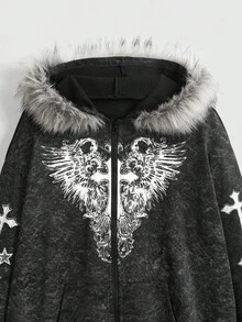 ROMWE Fairycore Plus Size Women Distressed Cross & Wing Rhinestone Zip-Up Sweatshirt, Loose Fit - Black - View 2